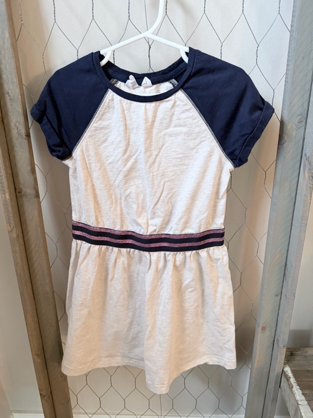 GAPKids Size 6-7 Navy & Off White/Heather Raglan Dress with Pink-Striped Waist